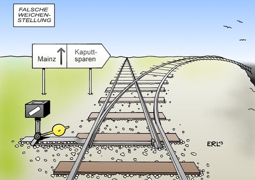 Cartoon: Bahn Mainz (medium) by Erl tagged db,bahn,sparkurs,kaputtsparen,personal,engpass,fahrdienstleiter,krankheit,urlaub,stellwerk,mainz,abgeschnitten,weiche,weichenstellung,bahn,mainz