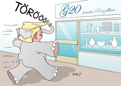 Cartoon: Benjamin Trümpchen (medium) by Erl tagged g20,gipfel,industrieländer,schwellenländer,weltpolitik,gespräche,probleme,klimawandel,handel,krieg,nationalismus,abschottung,klimaleugner,rechtspopulismus,usa,präsident,donald,trump,unberechenbarkeit,kind,flegelphase,elefant,porzellanladen,porzellan,benjamin,blümchen,karikatur,erl,g20,gipfel,industrieländer,schwellenländer,weltpolitik,gespräche,probleme,klimawandel,handel,krieg,nationalismus,abschottung,klimaleugner,rechtspopulismus,usa,präsident,donald,trump,unberechenbarkeit,kind,flegelphase,elefant,porzellanladen,porzellan,benjamin,blümchen,karikatur,erl