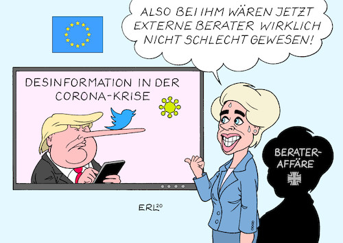 Cartoon: Berater (medium) by Erl tagged politik,ursula,von,der,leyen,ex,verteidigungsministerin,verteidigungsministerium,berater,extern,teuer,untersuchungsausschuss,corona,virus,pandemie,eu,bericht,desinformation,fake,news,lügen,usa,präsident,donald,trump,twitter,karikatur,erl,politik,ursula,von,der,leyen,ex,verteidigungsministerin,verteidigungsministerium,berater,extern,teuer,untersuchungsausschuss,corona,virus,pandemie,eu,bericht,desinformation,fake,news,lügen,usa,präsident,donald,trump,twitter,karikatur,erl