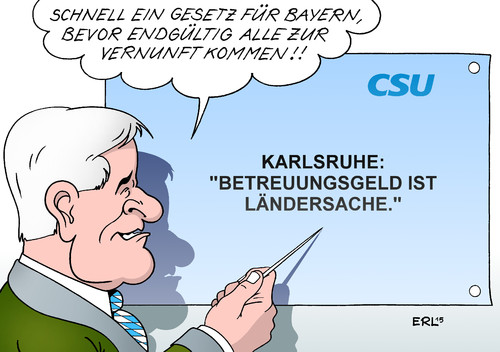 Cartoon: Betreuungsgeld (medium) by Erl tagged csu,wahlkampf,wahlversprechen,pkw,maut,betreuungsgeld,bundesverfassungsgericht,karlsruhe,bund,länder,zuständigkeit,ministerpräsident,bayern,horst,seehofer,gesetz,vernunft,karikatur,erl,csu,wahlkampf,wahlversprechen,pkw,maut,betreuungsgeld,bundesverfassungsgericht,karlsruhe,bund,länder,zuständigkeit,ministerpräsident,bayern,horst,seehofer,gesetz,vernunft