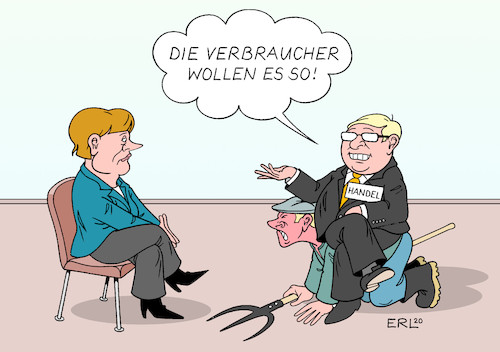 Cartoon: billige Lebensmittel (medium) by Erl tagged politik,landwirtschaft,handel,lebensmittel,preis,verbraucher,preisdumping,schnäppchen,umwelt,klima,düngen,treffen,kanzleramt,bundeskanzlerin,angela,merkel,bauern,händler,karikatur,erl,politik,landwirtschaft,handel,lebensmittel,preis,verbraucher,preisdumping,schnäppchen,umwelt,klima,düngen,treffen,kanzleramt,bundeskanzlerin,angela,merkel,bauern,händler,karikatur,erl