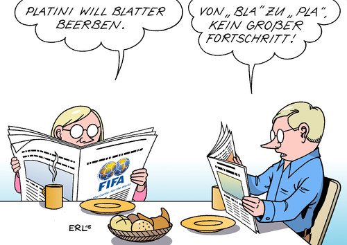 Cartoon: Blatter Platini (medium) by Erl tagged fifa,welt,fußball,verband,präsident,joseph,blatter,rücktritt,korruption,bewerbung,nachfolge,michel,platini,uefa,fortschritt,name,karikatur,erl,fifa,welt,fußball,verband,präsident,joseph,blatter,rücktritt,korruption,bewerbung,nachfolge,michel,platini,uefa,fortschritt,name