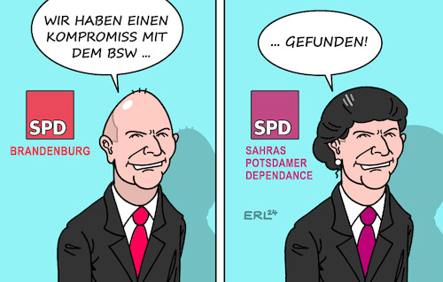 Cartoon: Brandenburg (medium) by Erl tagged politik,brandenburg,koalition,spd,bsw,bündnis,sahra,wagenknecht,woidke,frisur,karikatur,erl,politik,brandenburg,koalition,spd,bsw,bündnis,sahra,wagenknecht,woidke,frisur,karikatur,erl