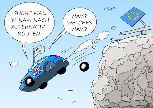 Cartoon: Brexit-Alternativen (medium) by Erl tagged politik,brexit,großbritannien,gb,uk,austritt,eu,europäische,union,premierministerin,theresa,may,vertrag,abstimmung,parlament,niederlage,ungewissheit,no,deal,chaos,zweites,referendum,nachverhandlung,brüssel,termin,29,märz,verschiebung,12,april,ohne,mit,22,unterhaus,abstimmungen,alternativen,auto,navi,karikatur,erl,politik,brexit,großbritannien,gb,uk,austritt,eu,europäische,union,premierministerin,theresa,may,vertrag,abstimmung,parlament,niederlage,ungewissheit,no,deal,chaos,zweites,referendum,nachverhandlung,brüssel,termin,29,märz,verschiebung,12,april,ohne,mit,22,unterhaus,abstimmungen,alternativen,auto,navi,karikatur,erl