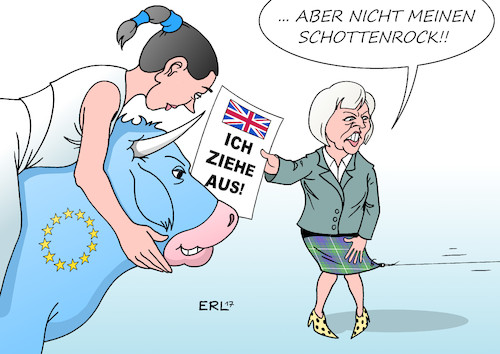 Cartoon: Brexit Schottland (medium) by Erl tagged brexit,antrag,großbritannien,austritt,eu,scheidung,auszug,premierministerin,theresa,may,schottland,parlament,referendum,unabhängigkeit,schottenrock,europa,stier,karikatur,erl,brexit,eu,schottland