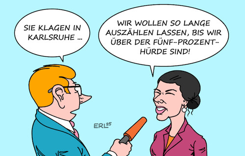 Cartoon: BSW (medium) by Erl tagged politik,bundestagswahl,bsw,sahra,wagenknecht,scheitern,fünf,prozent,hürde,klage,karlsruhe,neuauszählung,karikatur,erl,politik,bundestagswahl,bsw,sahra,wagenknecht,scheitern,fünf,prozent,hürde,klage,karlsruhe,neuauszählung,karikatur,erl