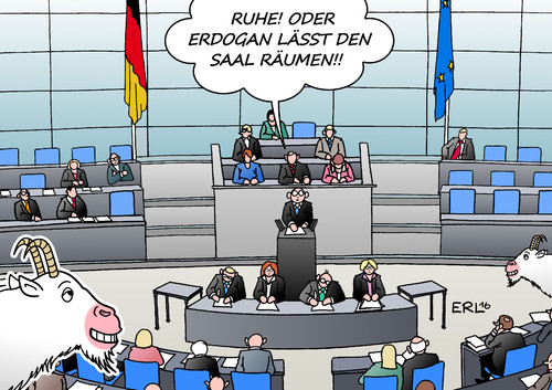 Cartoon: Bundestag Erdogan (medium) by Erl tagged bundestag,debatte,flüchtlinge,türkei,abkommen,deal,schmähgedicht,böhmermann,erdogan,vortrag,ziegen,karikatur,erl,bundestag,debatte,flüchtlinge,türkei,abkommen,deal,schmähgedicht,böhmermann,erdogan,vortrag,ziegen,karikatur,erl