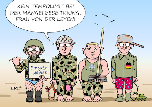 Cartoon: Bundeswehr (medium) by Erl tagged politik,verteidigung,bundeswehr,zustand,mangelhaft,mängel,ausrüstung,soldaten,soldatinnen,personal,engpass,bürokratie,verteidigungsministerin,ursula,von,der,leyen,wehrbeauftragter,bartels,bericht,diskussion,tempolimit,karikatur,erl,politik,verteidigung,bundeswehr,zustand,mangelhaft,mängel,ausrüstung,soldaten,soldatinnen,personal,engpass,bürokratie,verteidigungsministerin,ursula,von,der,leyen,wehrbeauftragter,bartels,bericht,diskussion,tempolimit,karikatur,erl