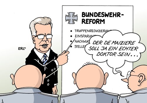 Cartoon: Bundeswehrreform (medium) by Erl tagged bundeswehr,reform,truppen,reduzierung,einsparung,nachwuchs,werbung,freiwillige,stellenabbau,wehrpflicht,abschaffung,verteidigungsminister,thomas,de,maiziere,vorgänger,karl,theodor,zu,guttenberg,plagiatsaffäre,doktorarbeit,plagiat,doktortitel,doktor,bundeswehr,reform,truppen,reduzierung,einsparung,nachwuchs,werbung,freiwillige,stellenabbau,wehrpflicht,abschaffung,verteidigungsminister,thomas,maiziere,guttenberg,plagiatsaffäre