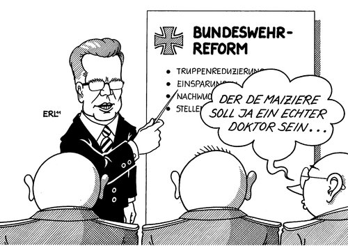 Cartoon: Bundeswehrreform (medium) by Erl tagged bundeswehr,reform,truppen,reduzierung,einsparung,nachwuchs,werbung,freiwillige,stellenabbau,wehrpflicht,abschaffung,verteidigungsminister,thomas,maiziere,guttenberg,plagiatsaffäre