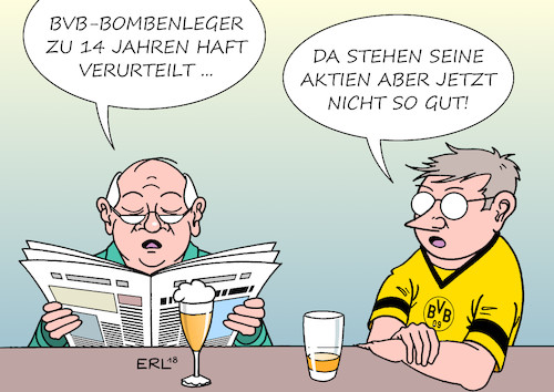 Cartoon: BVB-Bombenleger (medium) by Erl tagged politik,sport,kriminalität,anschlag,bomben,bombensanschlag,mannschaftsbus,bvb,borussia,dortmund,bombenleger,täter,spekulation,fallende,aktien,gewinn,geldgier,gericht,urteil,14,jahre,28,fach,mordversuch,spieler,trauma,schock,finanzen,börse,karikatur,erl,politik,sport,kriminalität,anschlag,bomben,bombensanschlag,mannschaftsbus,bvb,borussia,dortmund,bombenleger,täter,spekulation,fallende,aktien,gewinn,geldgier,gericht,urteil,14,jahre,28,fach,mordversuch,spieler,trauma,schock,finanzen,börse,karikatur,erl