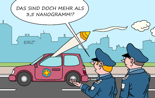 Cartoon: Cannabis-Regeln im Verkehr (medium) by Erl tagged politik,drogen,cannabis,freigabe,regeln,verkehr,straßenverkehr,auto,thc,tetrahydrocannabinol,grenzwert,dreieinhalb,nanogramm,pro,milliliter,blut,führerschein,entzug,polizei,joint,karikatur,erl,politik,drogen,cannabis,freigabe,regeln,verkehr,straßenverkehr,auto,thc,tetrahydrocannabinol,grenzwert,dreieinhalb,nanogramm,pro,milliliter,blut,führerschein,entzug,polizei,joint,karikatur,erl