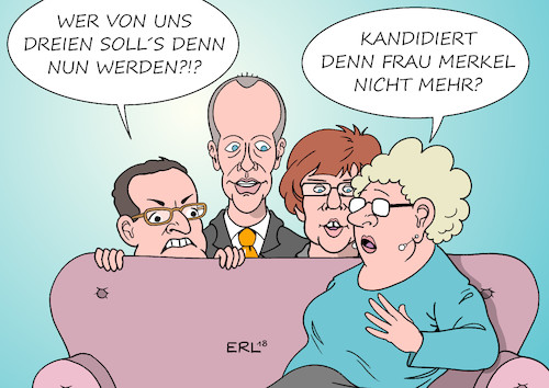 Cartoon: CDU-Kandidaten (medium) by Erl tagged politik,cdu,bundeskanzlerin,angela,merkel,rückzug,vorsitz,nachfolgerin,nachfolger,kandidaten,annegret,kramp,karrenbauer,friedrich,merz,jens,spahn,werbung,regionalkonferenzen,vorstellung,mitglieder,beliebtheit,anstieg,kanzlerin,karikatur,erl,politik,cdu,bundeskanzlerin,angela,merkel,rückzug,vorsitz,nachfolgerin,nachfolger,kandidaten,annegret,kramp,karrenbauer,friedrich,merz,jens,spahn,werbung,regionalkonferenzen,vorstellung,mitglieder,beliebtheit,anstieg,kanzlerin,karikatur,erl