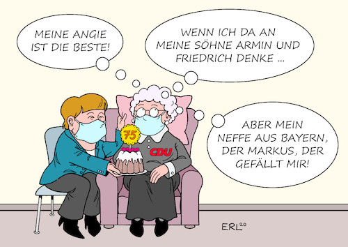 Cartoon: CDU Gedanken zum 75. (medium) by Erl tagged politik,partei,cdu,geburtstag,75,tocher,angie,angela,merkel,söhne,armin,laschet,friedrich,merz,neffe,markus,söder,corona,virus,pandemie,karikatur,erl,politik,partei,cdu,geburtstag,75,tocher,angie,angela,merkel,söhne,armin,laschet,friedrich,merz,neffe,markus,söder,corona,virus,pandemie,karikatur,erl