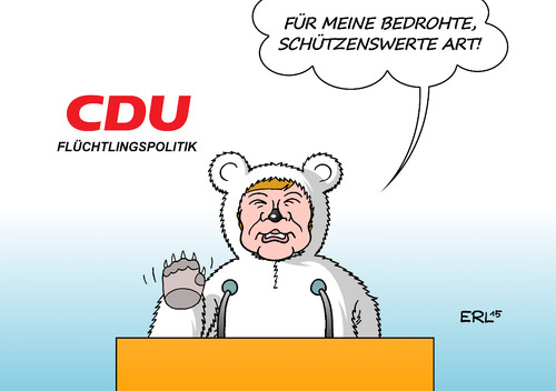 Cartoon: CDU Parteitag (medium) by Erl tagged cdu,partei,parteitag,flüchtlinge,willkommen,wir,schaffen,das,bundeskanzlerin,angela,merkel,abschottung,obergrenze,konservative,klimawandel,erderwärmung,klimagipfel,paris,vertrag,eisbär,art,bedroht,schützenswert,schutz,karikatur,erl,cdu,partei,parteitag,flüchtlinge,willkommen,wir,schaffen,das,bundeskanzlerin,angela,merkel,abschottung,obergrenze,konservative,klimawandel,erderwärmung,klimagipfel,paris,vertrag,eisbär,art,bedroht,schützenswert,schutz,karikatur,erl