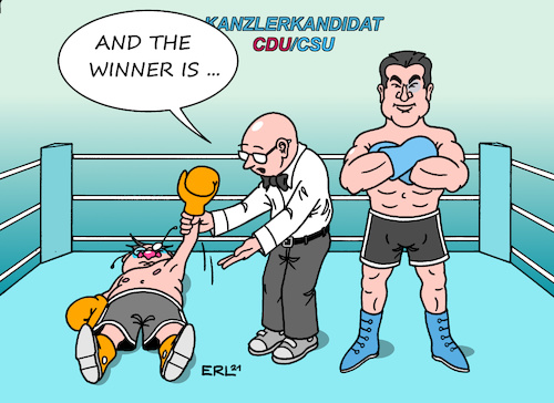 Cartoon: Champion Laschet (medium) by Erl tagged politik,partei,cdu,csu,schwesterpartei,union,suche,kanzlerkandidat,machtkampf,armin,laschet,markus,söder,umfragewerte,sympathie,basis,abstimmung,vorstand,sieger,gewinner,verletzungen,wahlkampf,hypothek,boxen,boxkampf,ringrichter,karikatur,erl,politik,partei,cdu,csu,schwesterpartei,union,suche,kanzlerkandidat,machtkampf,armin,laschet,markus,söder,umfragewerte,sympathie,basis,abstimmung,vorstand,sieger,gewinner,verletzungen,wahlkampf,hypothek,boxen,boxkampf,ringrichter,karikatur,erl