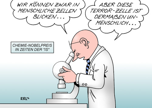 Cartoon: Chemie-Nobelpreis (medium) by Erl tagged chemie,nobelpreis,chemienobelpreis,forscher,deutschland,mikroskop,zelle,molekül,menschlich,unmenschlich,is,terror,staat,kalifat,islamismus,terrorzelle,chemie,nobelpreis