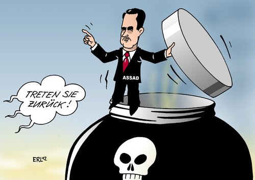 Cartoon: Chemiewaffen (medium) by Erl tagged syrien,diktator,assad,bürgerkrieg,rebellion,aufstand,niederschlagung,drohung,chemiewaffen,un,eu,appell