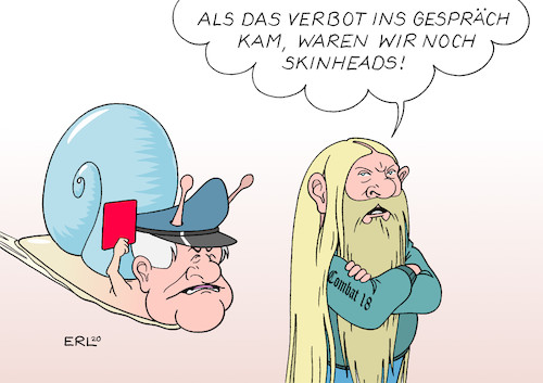 Cartoon: Combat 18 (medium) by Erl tagged politik,rechtsextremismus,antisemitismus,verein,combat,18,skinhead,verbot,innenministerium,innenminister,horst,seehofer,spät,langsam,zögerlich,rote,karte,polizei,schnecke,karikatur,erl,politik,rechtsextremismus,antisemitismus,verein,combat,18,skinhead,verbot,innenministerium,innenminister,horst,seehofer,spät,langsam,zögerlich,rote,karte,polizei,schnecke,karikatur,erl