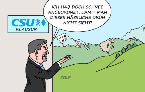 Cartoon: CSU-Klausur (medium) by Erl tagged politik,csu,klausur,söder,feind,grüne,berge,schnee,klimawandel,karikatur,erl,politik,csu,klausur,söder,feind,grüne,berge,schnee,klimawandel,karikatur,erl