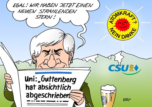 Cartoon: CSU Guttenberg (medium) by Erl tagged csu,guttenberg,plagiat,affäre,doktorarbeit,absicht,wissentlich,täuschung,uni,universität,bayreuth,star,stern,strahlend,thema,energiewende,atomkraft,atomenergie,ausstieg,seehofer,csu,guttenberg,plagiat,affäre,doktorarbeit,absicht,wissentlich,täuschung,uni,universität,stern,strahlend,energiewende,atomenergie,atomkraft,ausstieg,seehofer