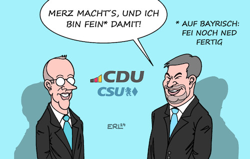 Cartoon: Deutsch - Bayrisch (medium) by Erl tagged politik,union,cdu,csu,kanzlerkandidat,friedrich,merz,markus,söder,fein,karikatur,erl,politik,union,cdu,csu,kanzlerkandidat,friedrich,merz,markus,söder,fein,karikatur,erl