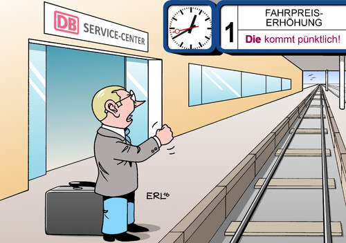 Cartoon: Deutsche Bahn (medium) by Erl tagged deutsche,bahn,db,fahrplanwechsel,fahrpreiserhöhung,fahrpreis,preiserhöhung,verspätungen,pünktlichkeit,service,öffentliche,verkehrsmittel,pendler,umwelt,börse,fahrgast,ärger,bahnhof,gleis,bahnhofsuhr,karikatur,erl,deutsche,bahn,db,fahrplanwechsel,fahrpreiserhöhung,fahrpreis,preiserhöhung,verspätungen,pünktlichkeit,service,öffentliche,verkehrsmittel,pendler,umwelt,börse,fahrgast,ärger,bahnhof,gleis,bahnhofsuhr,karikatur,erl