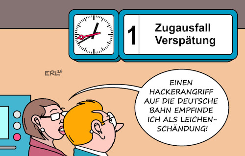 Cartoon: Deutsche Bahn (medium) by Erl tagged politik,verkehr,internet,hacker,hackerangriff,deutsche,bahn,leichenschändung,verspätung,zugausfall,karikatur,erl,politik,verkehr,internet,hacker,hackerangriff,deutsche,bahn,leichenschändung,verspätung,zugausfall,karikatur,erl