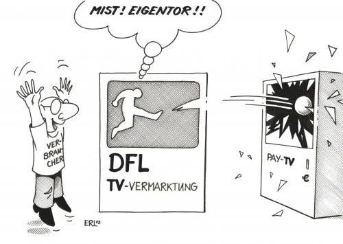 Cartoon: Deutsche Fußball Liga (medium) by Erl tagged dfl,deutsch,fußball,liga,fernsehen,vermarktung,free,tv,pay,bundeskartellamt,verbraucher,eigentor,dfl,fußball,fussball,liga,bundesliga,fernsehen,vermarktung,free tv,pay,bundeskartellamt,kartell,verbraucher,verbraucherschutz,eigentor,zentralvermarktung,wettbewerb,wettbewerbsnachteil,einnahmeausfall,premiere,ausstrahlungsrecht,wirtschaft,übertragung,senden,sendeplatz,überregulierung,protektionismus,übermittlung,free,tv