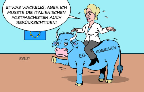 Cartoon: Die neue EU-Kommission steht (medium) by Erl tagged politik,eu,kommission,italien,postfaschisten,zustimmung,parlament,von,der,leyen,europa,stier,römischer,gruß,karikatur,erl,politik,eu,kommission,italien,postfaschisten,zustimmung,parlament,von,der,leyen,europa,stier,römischer,gruß,karikatur,erl