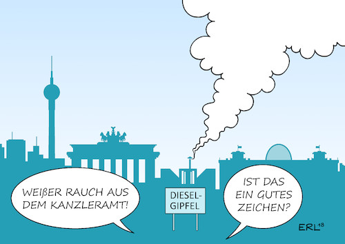 Cartoon: Dieselgipfel (medium) by Erl tagged politik,wirtschaft,industrie,autoindustrie,diesel,dieselskandal,betrug,abgastest,software,manipulation,abgaswerte,auto,autohersteller,weigerung,nachrüstung,hardware,verkehrsminister,andreas,scheuer,csu,angebot,anreiz,neukauf,austausch,umgehung,fahrverbote,dieselgipfel,kanzleramt,weißer,rauch,bundeskanzlerin,angela,merkel,autolobby,karikatur,erl,politik,wirtschaft,industrie,autoindustrie,diesel,dieselskandal,betrug,abgastest,software,manipulation,abgaswerte,auto,autohersteller,weigerung,nachrüstung,hardware,verkehrsminister,andreas,scheuer,csu,angebot,anreiz,neukauf,austausch,umgehung,fahrverbote,dieselgipfel,kanzleramt,weißer,rauch,bundeskanzlerin,angela,merkel,autolobby,karikatur,erl