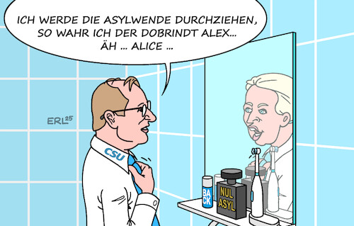 Cartoon: Dobrindt (medium) by Erl tagged politik,koalition,cdu,spd,csu,innenminister,alexander,dobrindt,asylwende,spiegel,afd,alice,weidel,karikatur,erl,politik,koalition,cdu,spd,csu,innenminister,alexander,dobrindt,asylwende,spiegel,afd,alice,weidel,karikatur,erl