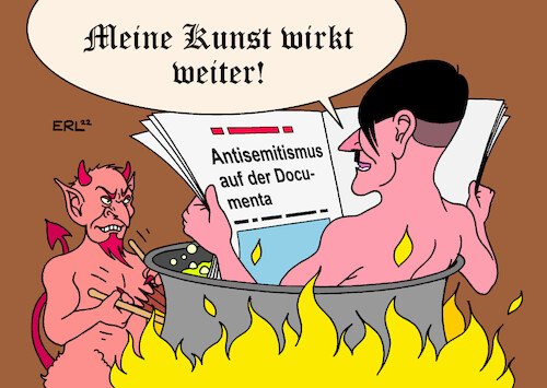 Cartoon: Documenta (medium) by Erl tagged politik,kunst,documenta,kassel,kurator,kollektiv,taring,padi,indonesien,malerei,kunstwerk,antisemitismus,entfernung,rechtsextremismus,rücktritt,chefin,sabine,schormann,hölle,hitler,kunstmaler,teufel,karikatur,erl,politik,kunst,documenta,kassel,kurator,kollektiv,taring,padi,indonesien,malerei,kunstwerk,antisemitismus,entfernung,rechtsextremismus,rücktritt,chefin,sabine,schormann,hölle,hitler,kunstmaler,teufel,karikatur,erl