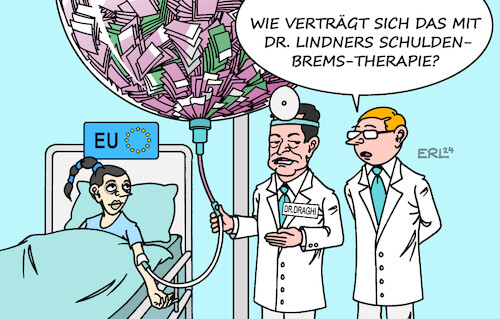 Cartoon: Draghi (medium) by Erl tagged politik,eu,wirtschaft,therapie,draghi,euro,investitionen,schuldenbremse,lindner,karikatur,erl,politik,eu,wirtschaft,therapie,draghi,euro,investitionen,schuldenbremse,lindner,karikatur,erl