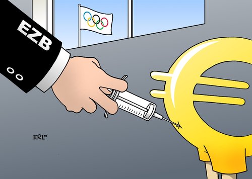 Cartoon: Draghis Doping (medium) by Erl tagged ezb,mario,draghi,euro,schulden,krise,staatsanleihen,kaufen,doping,olympische,spiele,london,2012