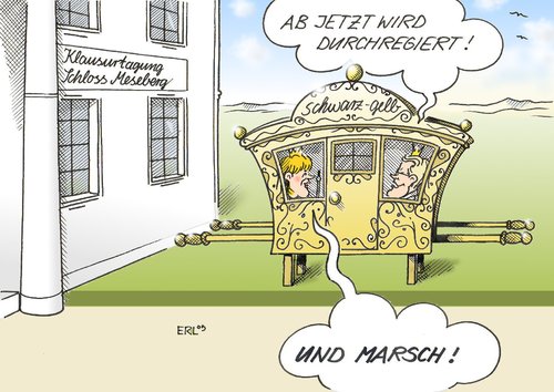 Cartoon: Durchmarsch (medium) by Erl tagged union,fdp,schwarz,gelb,klausur,schloss,meseberg,durchregieren,marsch,merkel,westerwelle,union,fdp,schwarz,gelb,klausur,schloss,meseberg,durchregieren,marsch,angela merkel,guido westerwelle,angela,merkel,guido,westerwelle