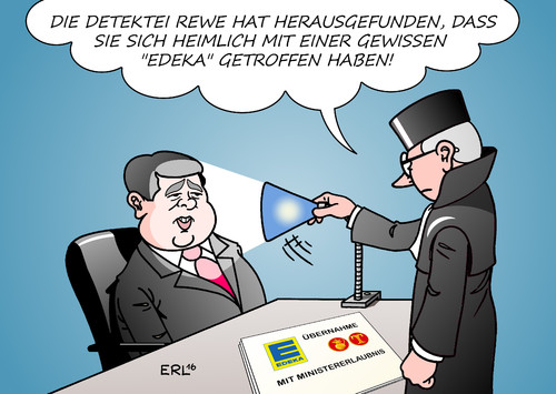 Cartoon: EDEKA Kaisers Tengelmann (medium) by Erl tagged edeka,übernahme,kaisers,tengelmann,ministererlaubnis,wirtschaftsminister,sigmar,gabriel,rewe,gericht,stopp,richter,karikatur,erl,edeka,übernahme,kaisers,tengelmann,ministererlaubnis,wirtschaftsminister,sigmar,gabriel,rewe,gericht,stopp,richter,karikatur,erl