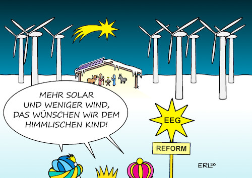 Cartoon: EEG-Reform (medium) by Erl tagged politik,energie,erneuerbare,energien,gesetz,eeg,förderung,energiewende,reform,mehr,solarenergie,weniger,windenergie,wind,sonne,stern,betlehem,weihnachten,krippe,stall,jesus,kind,maria,josef,ochse,esel,heilige,drei,könige,groko,cdu,csu,spd,bundestag,karikatur,erl,politik,energie,erneuerbare,energien,gesetz,eeg,förderung,energiewende,reform,mehr,solarenergie,weniger,windenergie,wind,sonne,stern,betlehem,weihnachten,krippe,stall,jesus,kind,maria,josef,ochse,esel,heilige,drei,könige,groko,cdu,csu,spd,bundestag,karikatur,erl