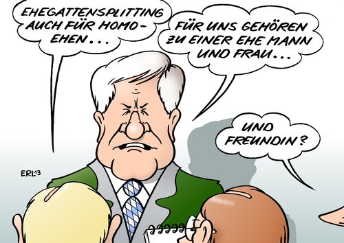 Cartoon: Ehe (medium) by Erl tagged ehegattensplitting,steuer,einkommensteuer,ehepaar,ehe,lebenspartnerschaft,homoehe,urteil,bundesverfassungsgericht,karlsruhe,gleichstellung,union,cdu,csu,seehofer,mann,frau,freundin,konservativ,ehegattensplitting,steuer,einkommensteuer,ehepaar,ehe,lebenspartnerschaft,homoehe,urteil,bundesverfassungsgericht,karlsruhe,gleichstellung,union,cdu,csu,seehofer,mann,frau,freundin,konservativ