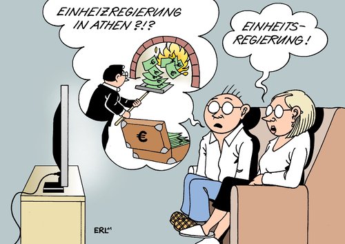 Cartoon: Einheitsregierung in Athen (medium) by Erl tagged griechenland,athen,schulden,schuldenkrise,regierung,papandreou,rücktritt,einheitsregierung,euro,rettungsschirm,deutschland,steuerzahler,angst,geld,verbrennen,einheizen,feuer,griechenland,athen,schulden,schuldenkrise,regierung,papandreou,rücktritt,einheitsregierung,rettungsschirm,euro,deutschland