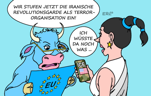 Cartoon: Einstufung (medium) by Erl tagged politik,eu,einstufung,iranische,revolutionsgarde,terror,organisation,usa,ice,morde,europa,stier,karikatur,erl,politik,eu,einstufung,iranische,revolutionsgarde,terror,organisation,usa,ice,morde,europa,stier,karikatur,erl