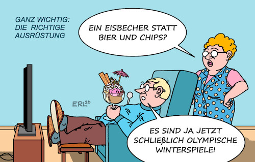 Cartoon: Eis (medium) by Erl tagged politik,olympia,winterspiele,2026,fernsehen,ausrüstung,eis,eisbecher,bier,chips,karikatur,erl,politik,olympia,winterspiele,2026,fernsehen,ausrüstung,eis,eisbecher,bier,chips,karikatur,erl