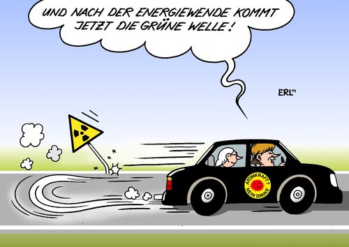 Cartoon: Energiewende (medium) by Erl tagged atomenergie,atomkraftwrek,laufzeitverlängerung,japan,atomunfall,gau,supergau,fukushima,wende,energiewende,ausstieg,regierung,koalition,schwarz,gelb,cdu,csu,fdp,ökologie,grüne,grün,welle,atomenergie,atomkraftwerk,japan,fukushima,supergau,gau,laufzeitverlängerung