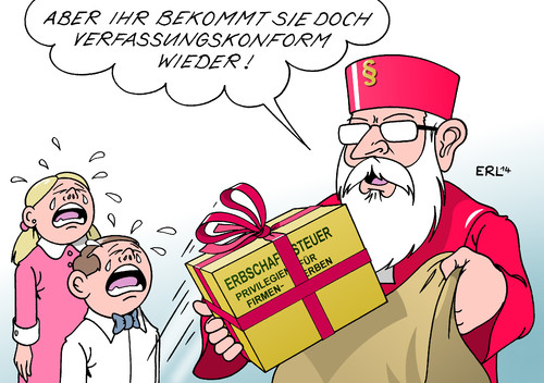 Cartoon: Erbschaftssteuer (medium) by Erl tagged erbschaftssteuer,erbschaft,steuer,privilegien,vorteile,firma,erbe,gesetz,verfassungswidrig,verfassungskonform,grundgesetz,bundesverfassungsgericht,karlsruhe,nikolaus,weihnachtsmann,geschink,mitnahme,kind,kinder,weinen,karikatur,erl,erbschaftssteuer,erbschaft,steuer,privilegien,vorteile,firma,erbe,gesetz,verfassungswidrig,verfassungskonform,grundgesetz,bundesverfassungsgericht,karlsruhe,nikolaus,weihnachtsmann,geschink,mitnahme,kind,kinder,weinen