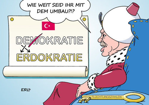 Cartoon: Erdogan (medium) by Erl tagged türkei,präsident,erdogan,umbau,demokratie,autokratie,erdokratie,sultan,pressefreiheit,meinungsfreiheit,eu,abkommen,deal,flüchtlinge,druckmittel,schlüssel,karikatur,erl,türkei,präsident,erdogan,umbau,demokratie,autokratie,erdokratie,sultan,pressefreiheit,meinungsfreiheit,eu,abkommen,deal,flüchtlinge,druckmittel,schlüssel,karikatur,erl