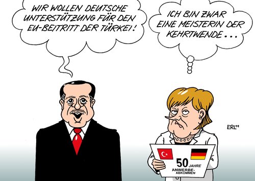 Cartoon: Erdogan Merkel (medium) by Erl tagged türkei,deutschland,50,jahre,anwerbeabkommen,gastarbeiter,integration,migration,eu,mitgliedschaft,unterstützung,erdogan,merkel,skepsis,kehrtwende,türkei,deutschland,50 jahre,gastarbeiter,integration,migration,eu,erdogan,merkel,skepsis,kritik,50,jahre
