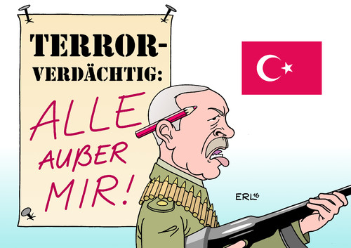 Cartoon: Erdowahn (medium) by Erl tagged versuch,putsch,türkei,militär,präsident,erdogan,säuberung,verhaftung,entlassung,gülen,anhänger,lehrer,journalisten,opposition,politiker,kurden,partei,bekämpfung,terrorismus,terror,terrorverdacht,wahn,verfolgungswahn,karikatur,erl,türkei,erdogan