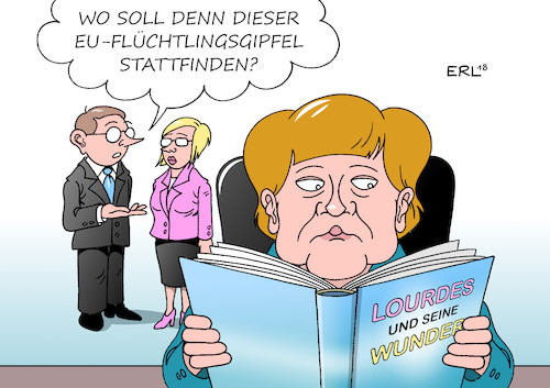 Cartoon: EU-Gipfel (medium) by Erl tagged politik,deutschland,streit,flüchtlingspolitik,asylmasterplan,abschiebungen,zurückweisung,flüchtlinge,grenze,innenminister,horst,seehofer,csu,stufenplan,bundeskanzlerin,merkel,cdu,europa,eu,recht,gemeinsam,gipfel,wunder,lourdes,verhandlungsgeschick,lösung,ferne,karikatur,erl,politik,deutschland,streit,flüchtlingspolitik,asylmasterplan,abschiebungen,zurückweisung,flüchtlinge,grenze,innenminister,horst,seehofer,csu,stufenplan,bundeskanzlerin,merkel,cdu,europa,eu,recht,gemeinsam,gipfel,wunder,lourdes,verhandlungsgeschick,lösung,ferne,karikatur,erl