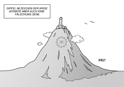 Cartoon: EU-Gipfel 3 (medium) by Erl tagged eu,gipfel,krise,griechenland,streit,deutschland,finanzminister,varoufakis,stinkefinger,fuckfinger,video,fälschung,schulden,finanzen,euro,geld,berg