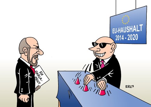Cartoon: EU-Haushalt (medium) by Erl tagged parlament,haushalt,eu,trick,hütchenspieler,protest,ablehnung,martin,schulz,eu,haushalt,parlament